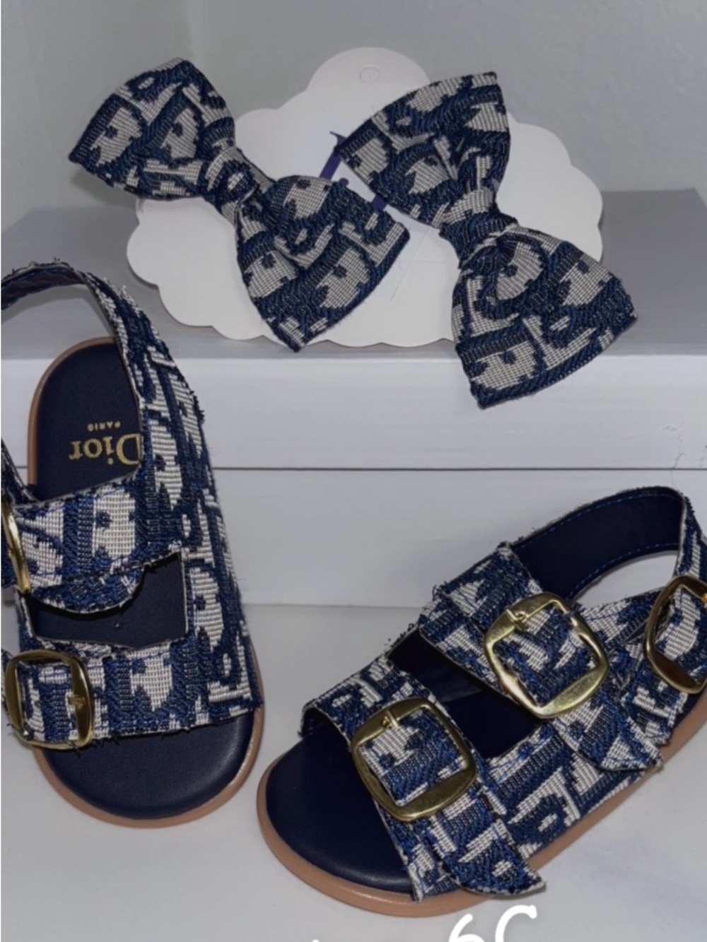 Kids Navy & Cream Jacquard Sandals with Hair Bow